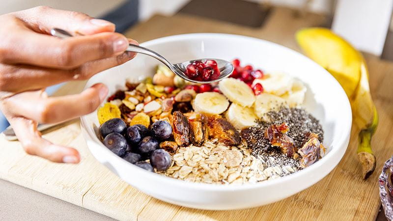 Bowl of healthy muesli and fruit