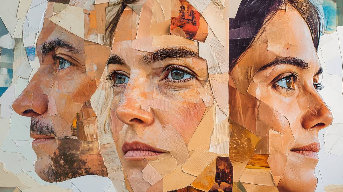 Collage of three faces in a painted style