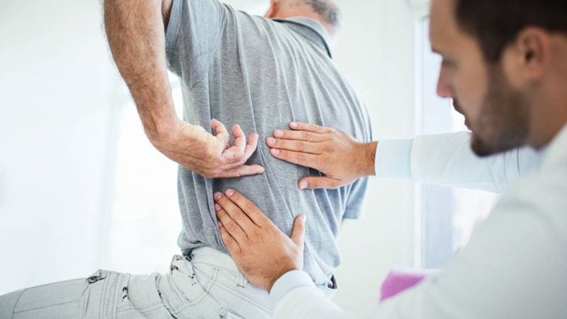 Male physiotherapist assessing his patients back