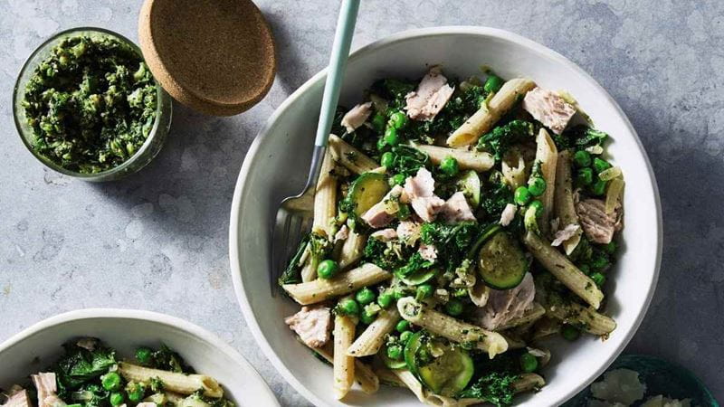 Bowls of broccoli pesto pasta