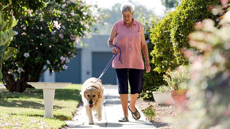 Woman in 70s walking dog
