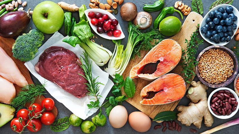 Fresh meat, fruit and vegetables