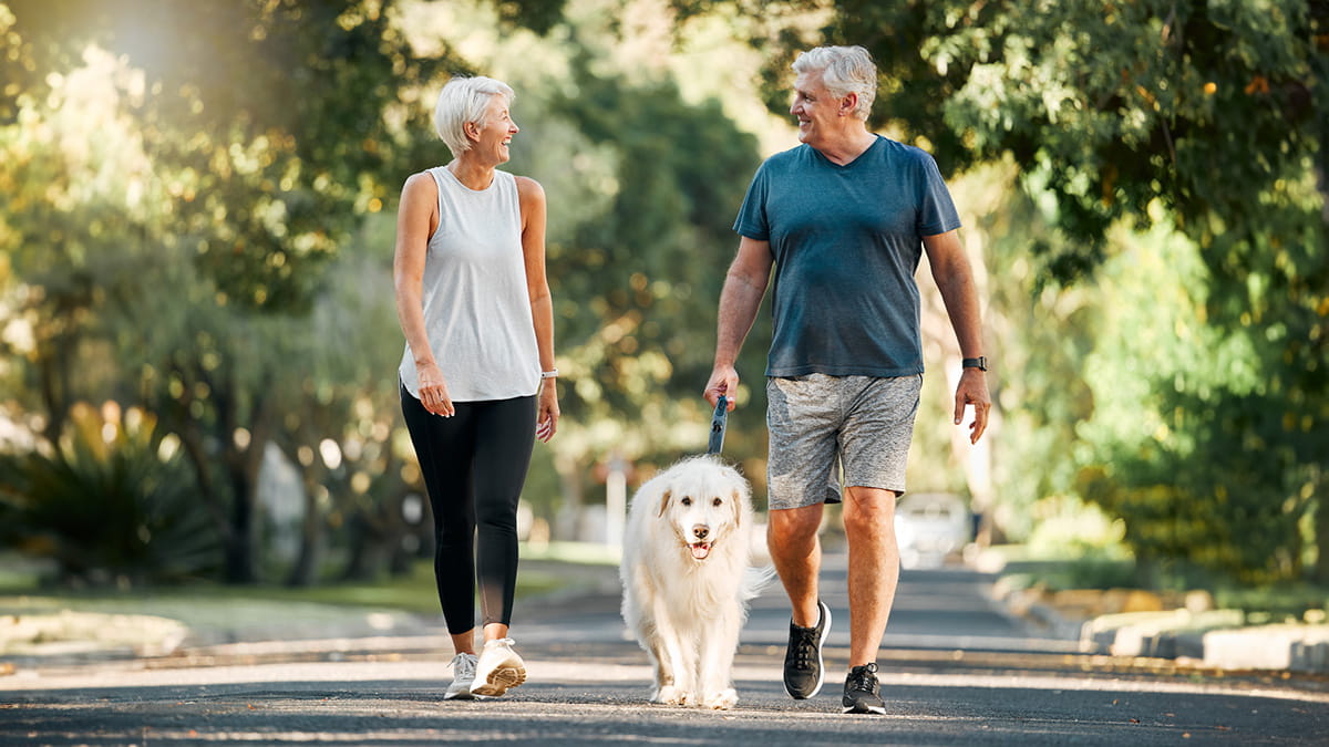 Older couple walking with their dog