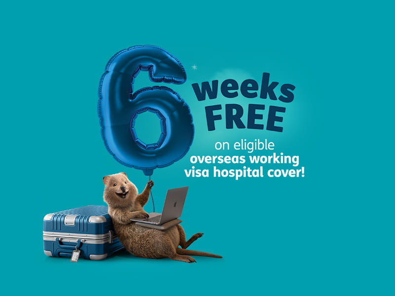 Quokka mascot relaxing with a laptop and luggage while displaying a 6 balloon for a 6 weeks free overseas working visa hospital cover offer.