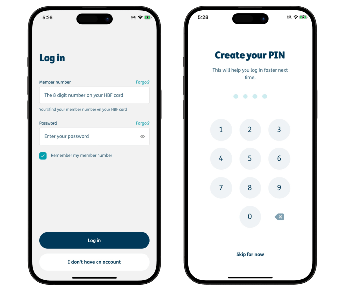 HBF app login page