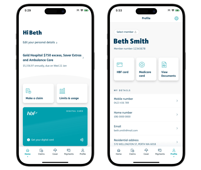 HBF app homepage