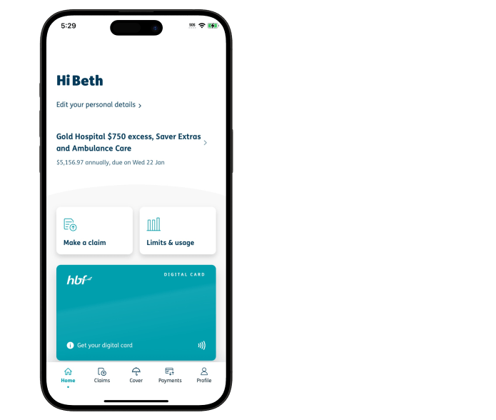 HBF app homepage