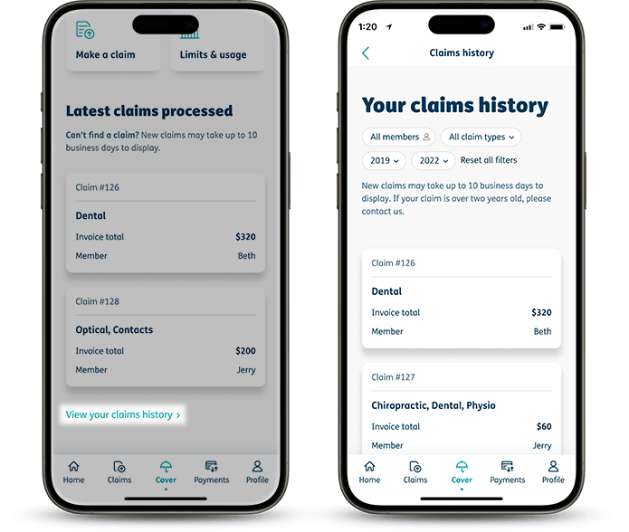 View your claims history app page