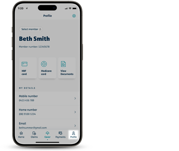 HBF app profile page