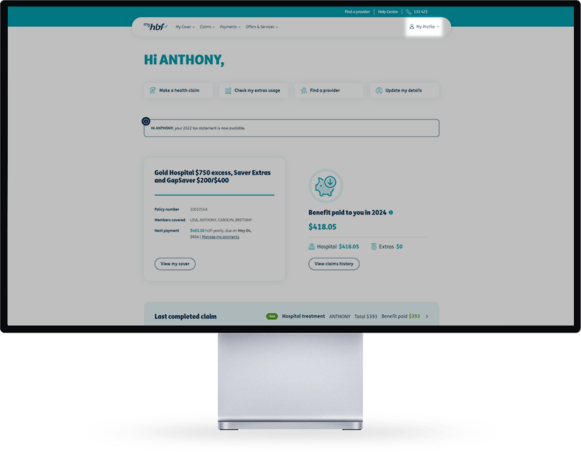 my profile menu button on myhbf homepage