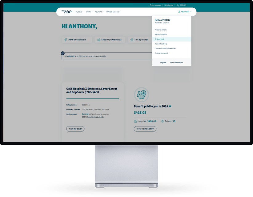 Order a card menu button on myhbf homepage