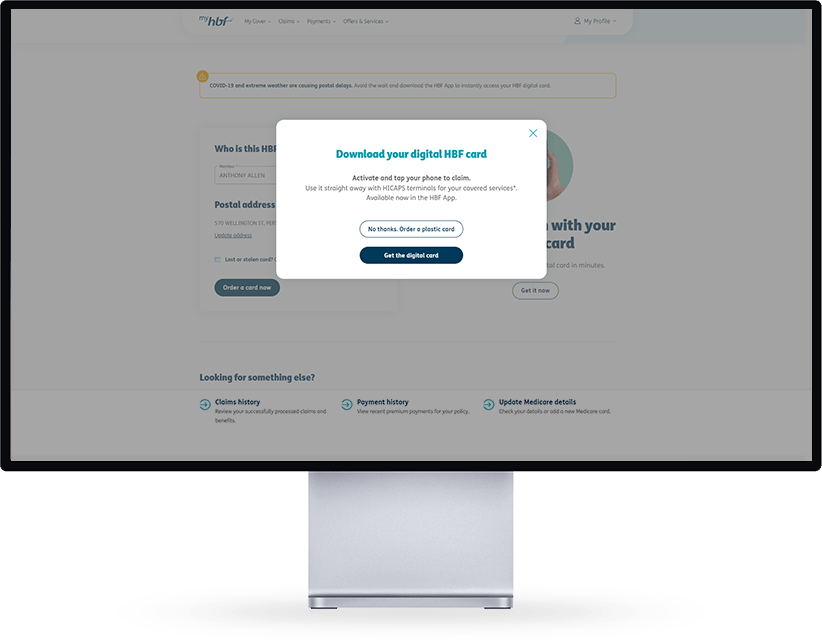 Order a new card page confirmation pop up