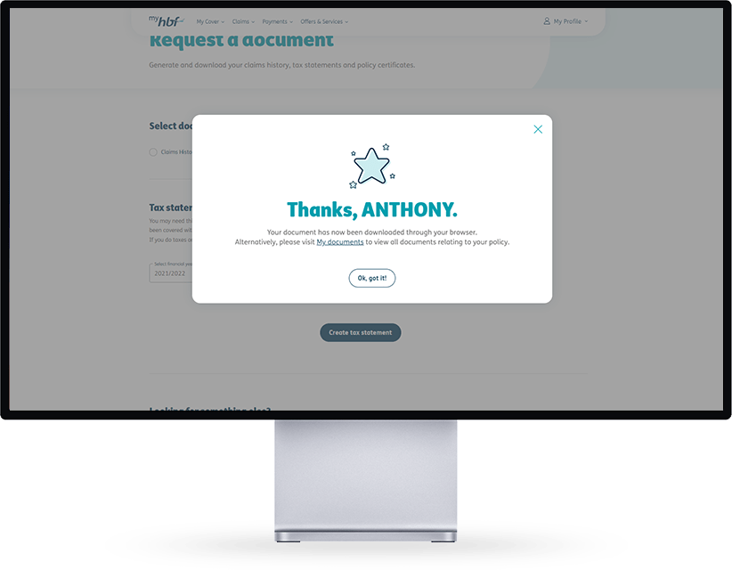 Request a document success screen