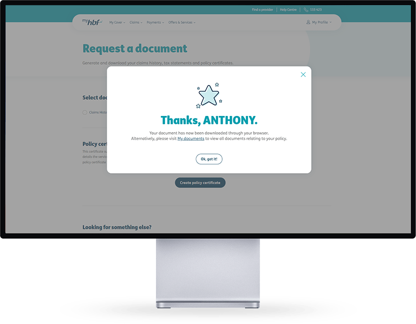 Create policy certificate success screen