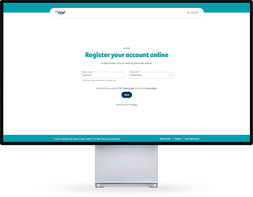 Register your account online page