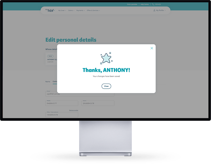 Edit personal details success message