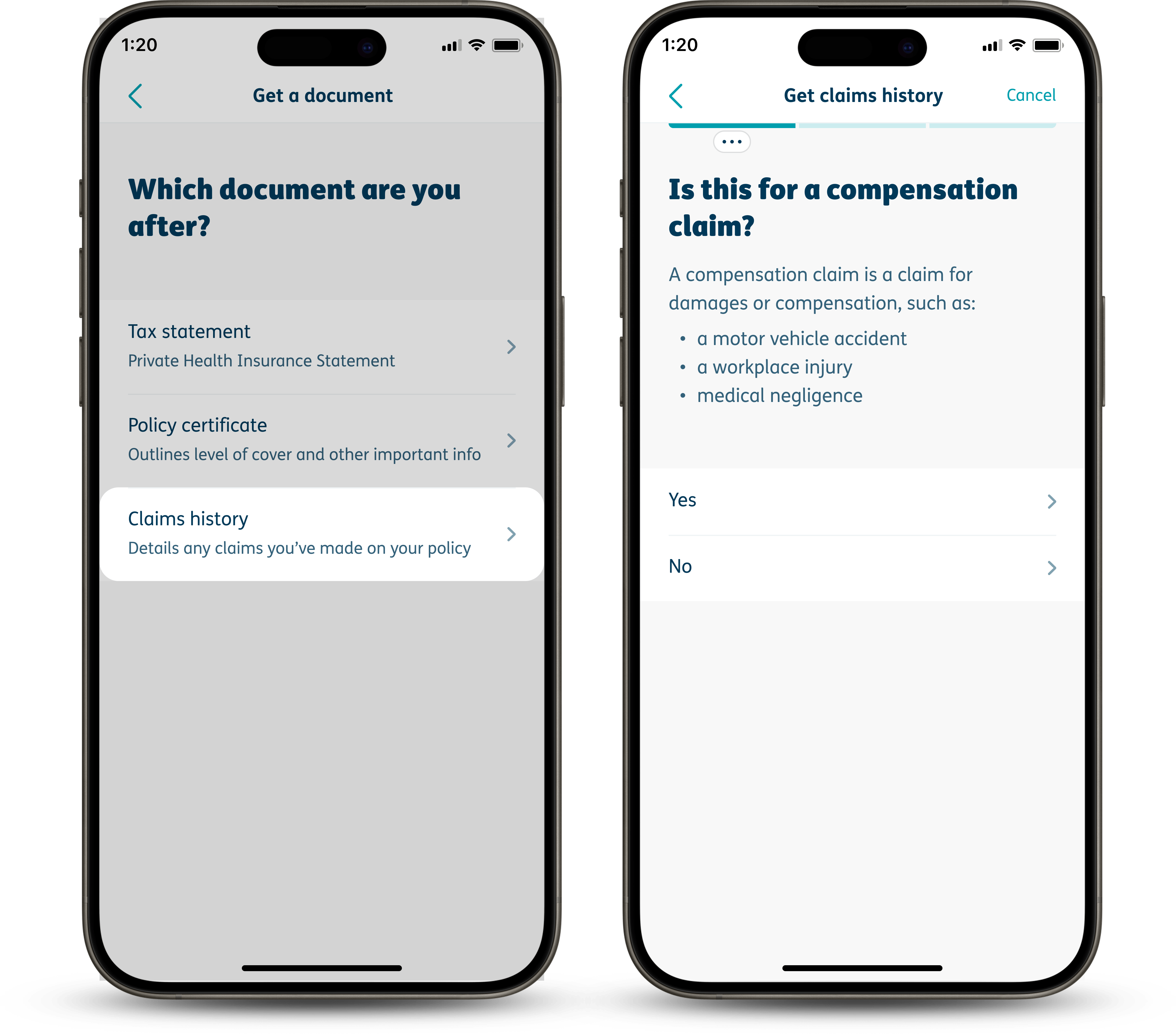 View your claims history app page