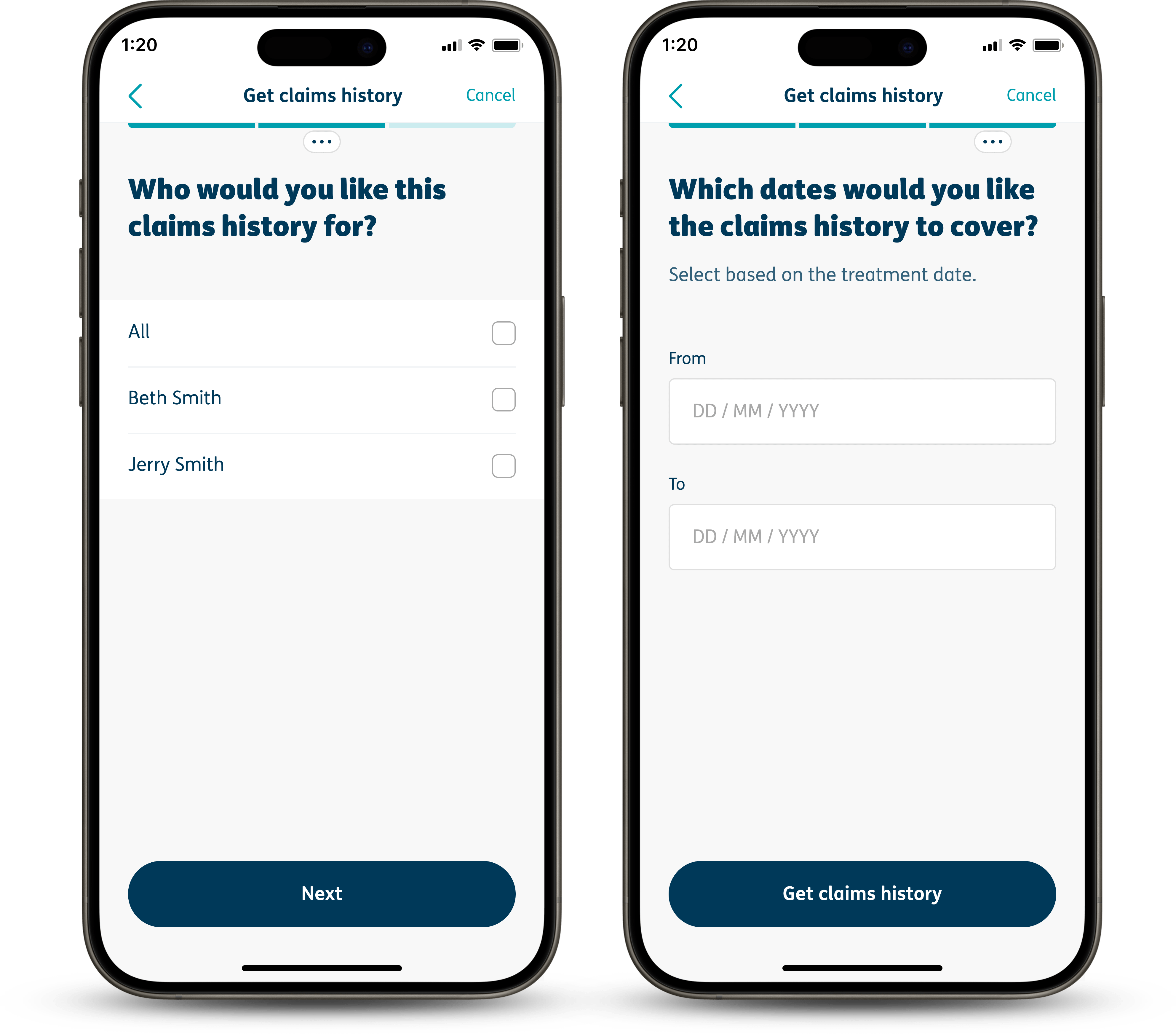 View your claims history app page